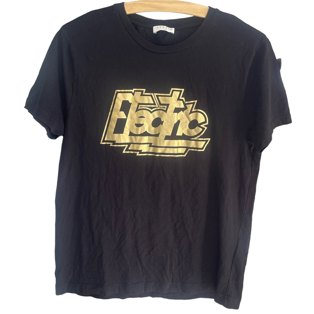 SANDRO ELECTRIC GRAPHIC CREWNECK WOMENS BLACK T-SHIRT | SIZE S/M - Picture 4 of 6